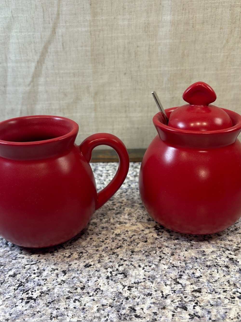 Chantal Red Sugar and Creamer with Metal Spoon.